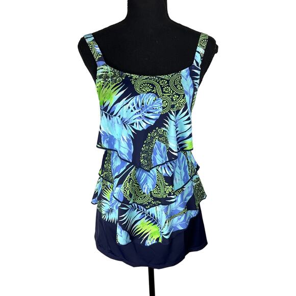 Susan Graver Soleil Tiered Tankini with Skirt BLUE MULTI NWOT SIZE 2 - Picture 2 of 5